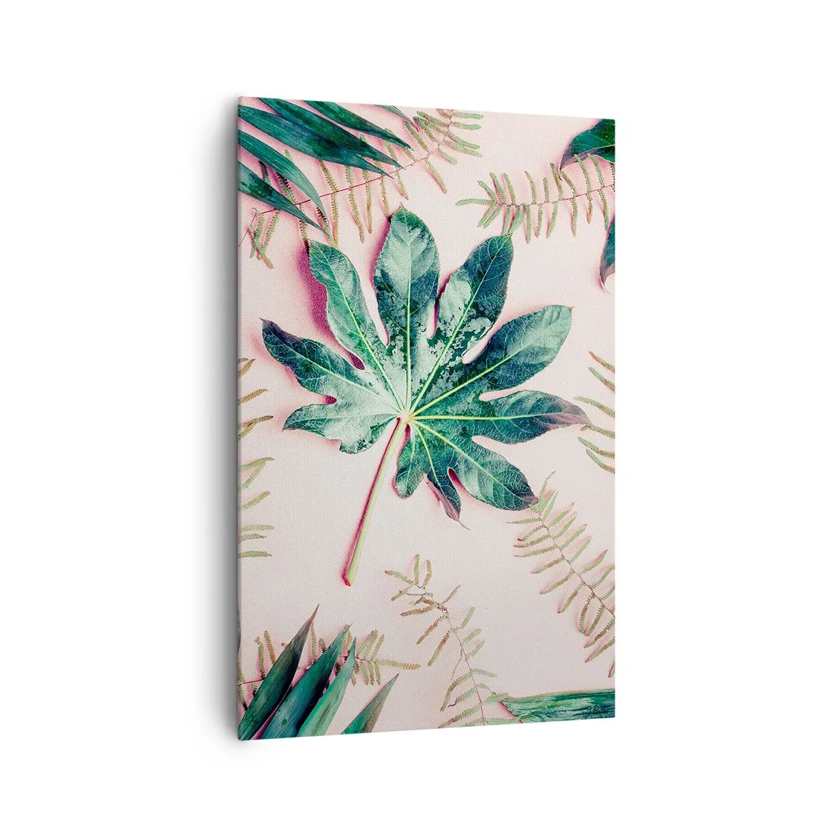 Bild auf Leinwand - Leinwandbild - Tropische Blätter auf hellem Pastellhintergrund - 80x120cm - Eine Studie von Grün auf einem rosa Hintergrund - Moderne Wanddekoration für Wohnzimmer und Schlafzimmer ARTTOR