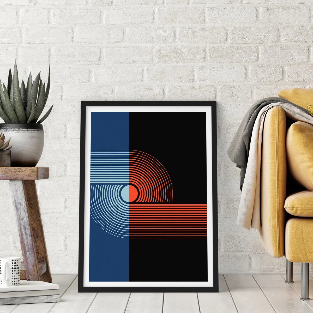 Poster in einem schwarzem Rahmen - Geometrische Komposition mit Linien in Marineblau und Orange. - 50x70cm - In einer geometrischen Umarmung - Moderne Wanddekoration für Wohnzimmer und Schlafzimmer ARTTOR
