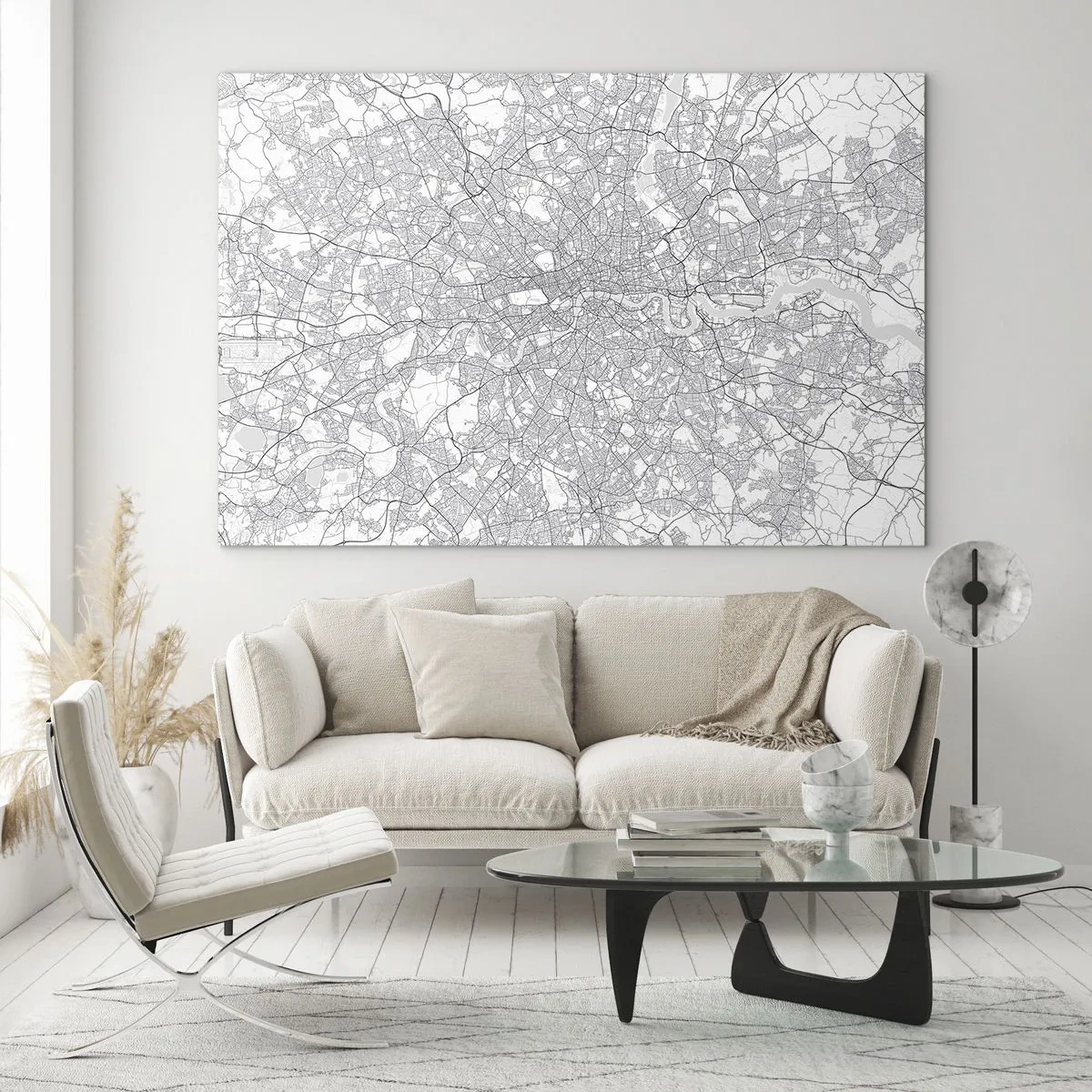Glasbild - Bild auf glas - Eine schwarz-weiße Karte mit einem dichten Straßenraster im minimalistischen Stil. - 120x80cm - Karte des Labyrinths von London - Moderne Wanddekoration für Wohnzimmer und Schlafzimmer ARTTOR