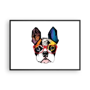 Poster in einem schwarzem Rahmen - Bulldogge in einer bunten Illustration mit roter Brille - 100x70cm - Intellektuelle - Moderne Wanddekoration für Wohnzimmer und Schlafzimmer ARTTOR