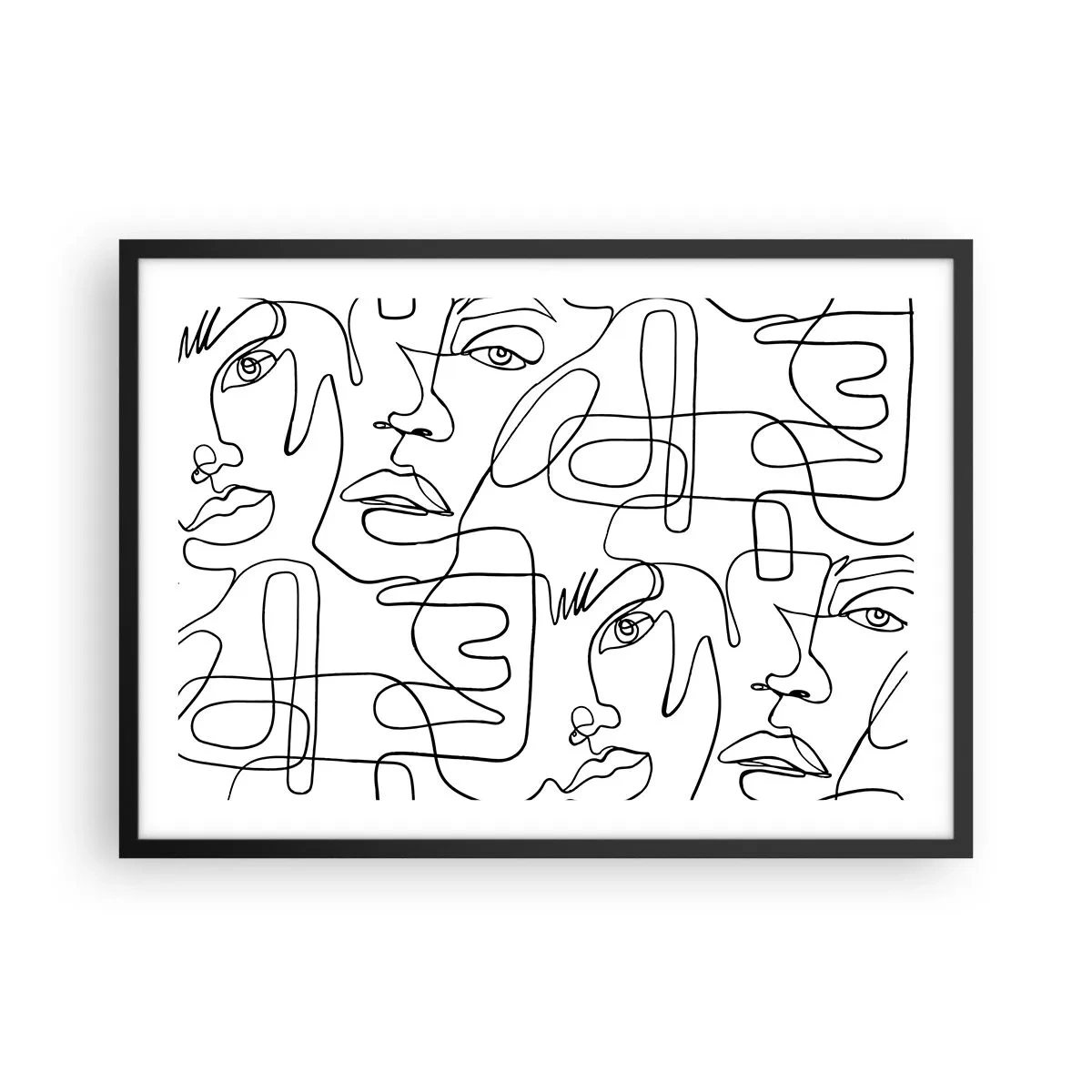 Poster in einem schwarzem Rahmen - Eine minimalistische Zeichnung eines Gesichts mit Linien auf hellem Hintergrund. - 70x50cm - In verworrenen Gefühlen - Moderne Wanddekoration für Wohnzimmer und Schlafzimmer ARTTOR
