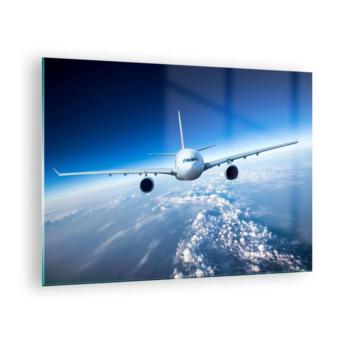 Glasbild - Bild auf glas - Ein Passagierflugzeug vor blauem Himmel und Wolken - 70x50cm - Ich fliege, weil ich es kann - Moderne Wanddekoration für Wohnzimmer und Schlafzimmer ARTTOR