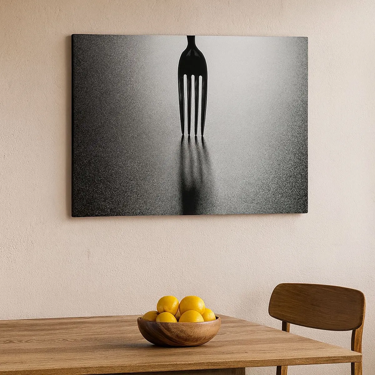 Bild auf Leinwand - Leinwandbild - Eine minimalistische Interpretation einer Gabel in Schwarzweiß mit Schattenspiel. - 70x50cm - Licht und Schatten - Moderne Wanddekoration für Wohnzimmer und Schlafzimmer ARTTOR