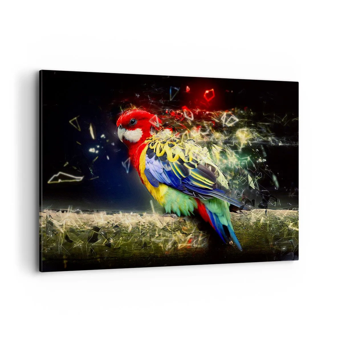 Bild auf Leinwand - Leinwandbild - Ein Papagei in leuchtenden Farben vor einem Hintergrund aus Lichteffekten - 120x80cm - Botschafter des Strahlens - Moderne Wanddekoration für Wohnzimmer und Schlafzimmer ARTTOR