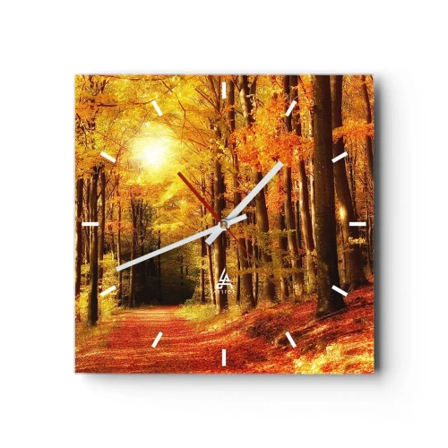 Wanduhr - Glasuhr - Goldener Herbst auf einer Forststraße - 40x40 cm