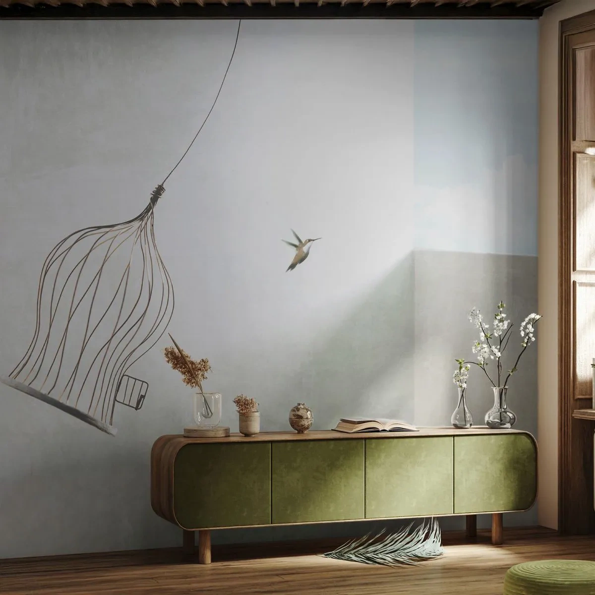 Fototapete Premium Canvas - In seinem Element - Abstraktion, Vogel, Vogelkäfig - 350x256 cm