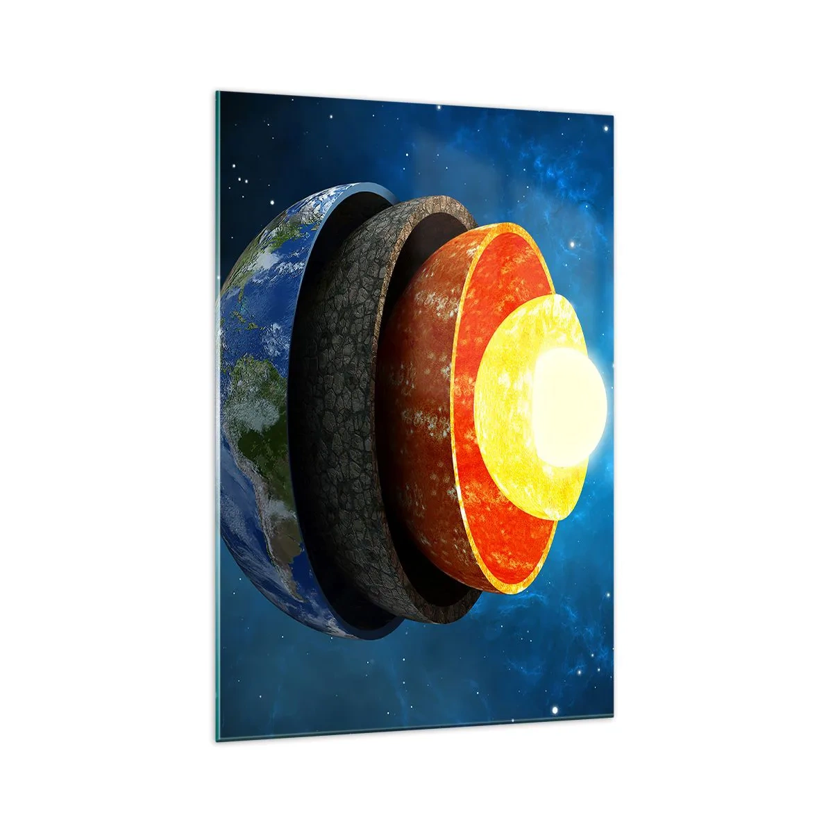 Glasbild - Bild auf glas - Ein Querschnitt der Erde, der ihre Schichten im Weltraum zeigt. - 70x100cm - Reise zum Mittelpunkt der Erde - Moderne Wanddekoration für Wohnzimmer und Schlafzimmer ARTTOR