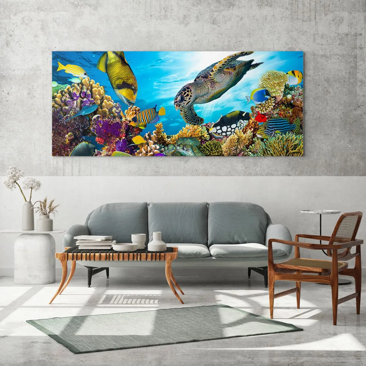 Glasbild - Bild auf glas - Unterwasserwelt mit bunten Fischen und einer Schildkröte in den Korallen - 160x50cm - Korallenpromenade - Moderne Wanddekoration für Wohnzimmer und Schlafzimmer ARTTOR