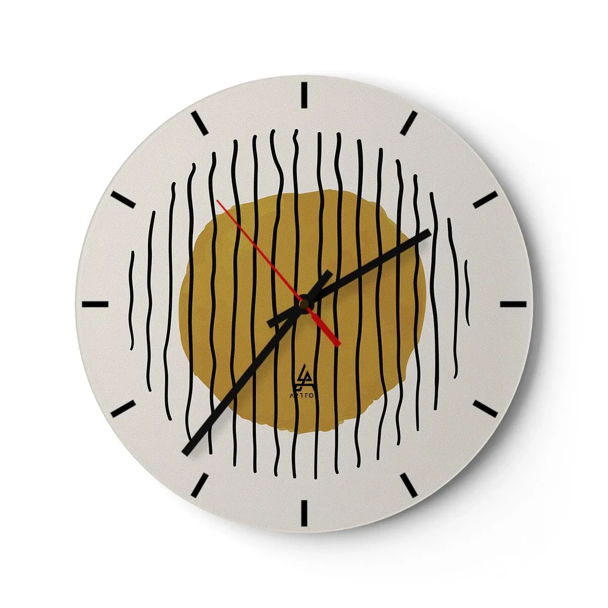 Wanduhr - Glasuhr - Ein gelb-oranger Kreis, umgeben von schwarzen Wellenlinien - 30x30cm - Abstraktion, die vor Hitze zittert - Moderne Wanddekoration für Wohnzimmer, Küche und Schlafzimmer ARTTOR