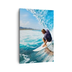 Bild auf Leinwand - Leinwandbild - Ein Surfer in dynamischer Pose auf einer Welle im türkisfarbenen Wasser. - 70x100cm - Tanzen mit den Wellen - Moderne Wanddekoration für Wohnzimmer und Schlafzimmer ARTTOR