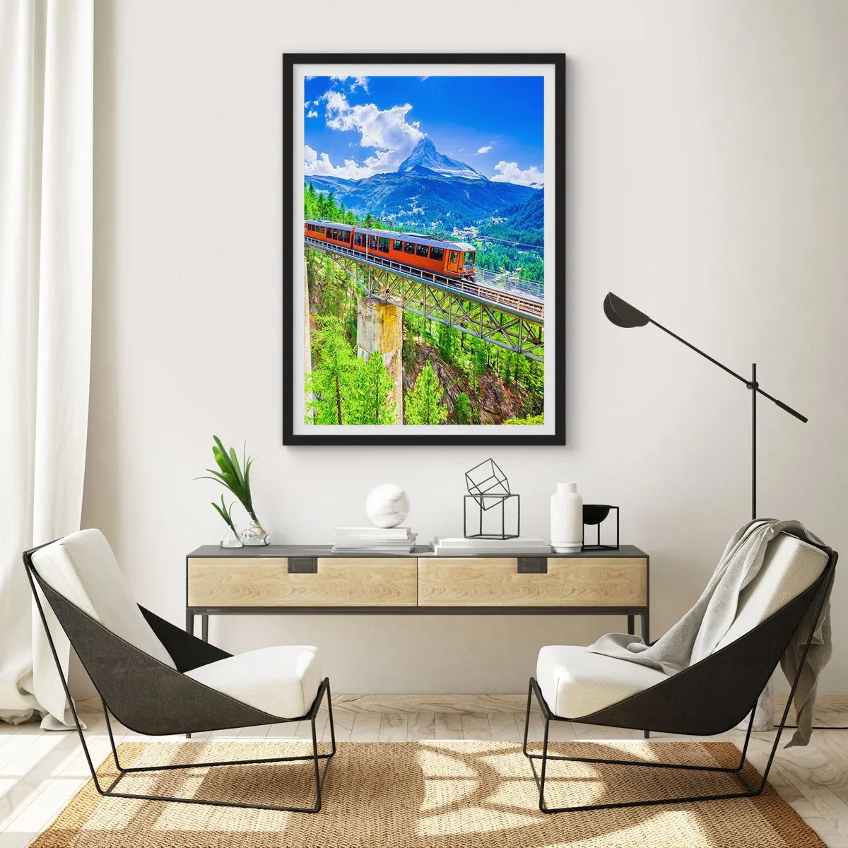 Poster in einem schwarzem Rahmen - Ein Zug auf einer Brücke in den Alpen mit Blick auf das Matterhorn - 50x70cm - Jetzt sind Alpen dran - Moderne Wanddekoration für Wohnzimmer und Schlafzimmer ARTTOR