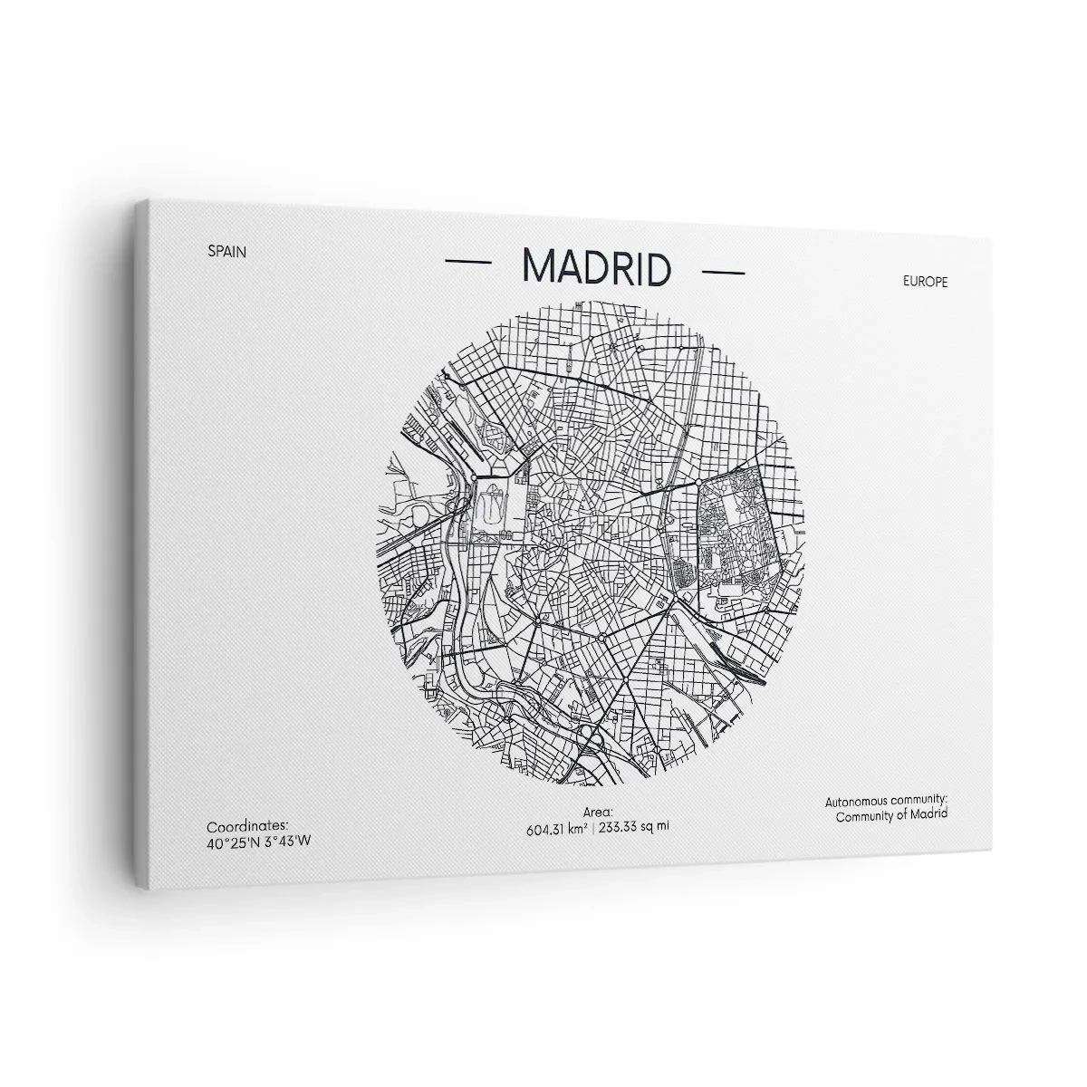 Bild auf Leinwand - Leinwandbild - Karte von Madrid im minimalistischen Schwarz-Weiß-Stil - 70x50cm - Anatomie von Madrid - Moderne Wanddekoration für Wohnzimmer und Schlafzimmer ARTTOR