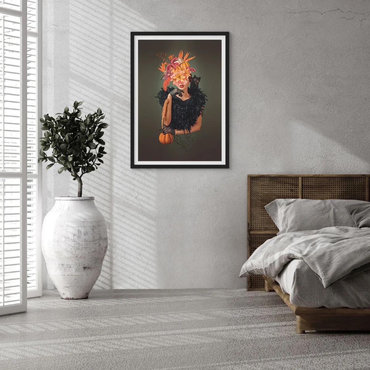 Poster in einem schwarzem Rahmen - Künstlerisches Porträt einer Frau mit Blumen, einem Kürbis und einer schwarzen Katze. - 50x70cm - Der Zauber einer Hexe - Moderne Wanddekoration für Wohnzimmer und Schlafzimmer ARTTOR