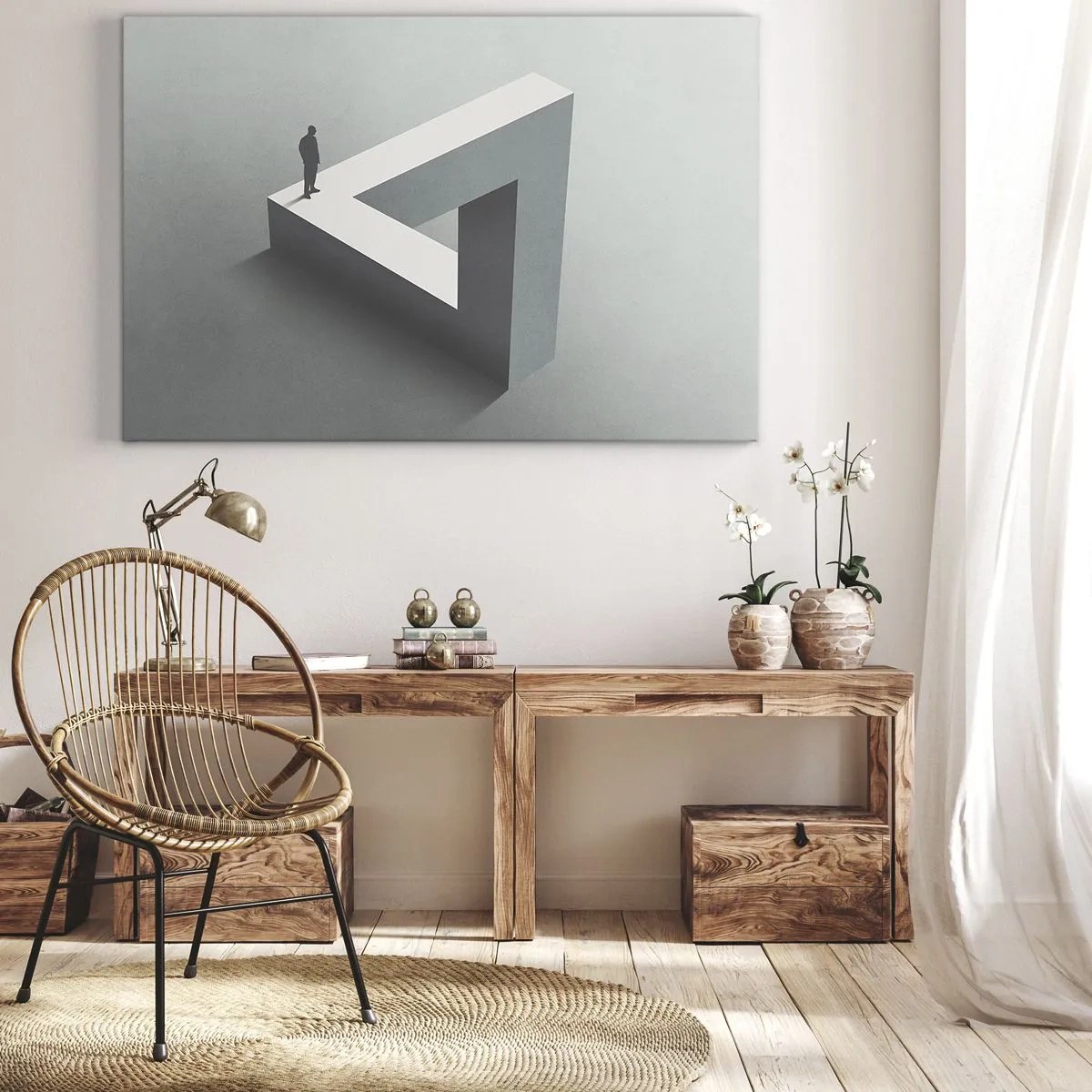 Bild auf Leinwand - Leinwandbild - Eine Figur, die auf einem Penrose-Dreieck in Grautönen steht. - 70x50cm - Es ist also doch möglich - Moderne Wanddekoration für Wohnzimmer und Schlafzimmer ARTTOR