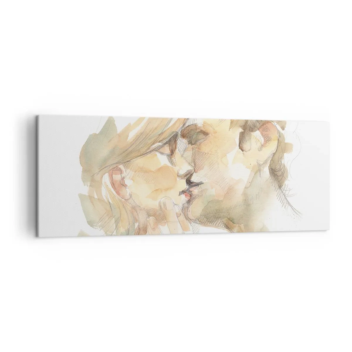 Bild auf Leinwand - Leinwandbild - Romantisches Aquarellporträt eines sich küssenden Paares - 140x50cm - Hälfte gefunden? - Moderne Wanddekoration für Wohnzimmer und Schlafzimmer ARTTOR