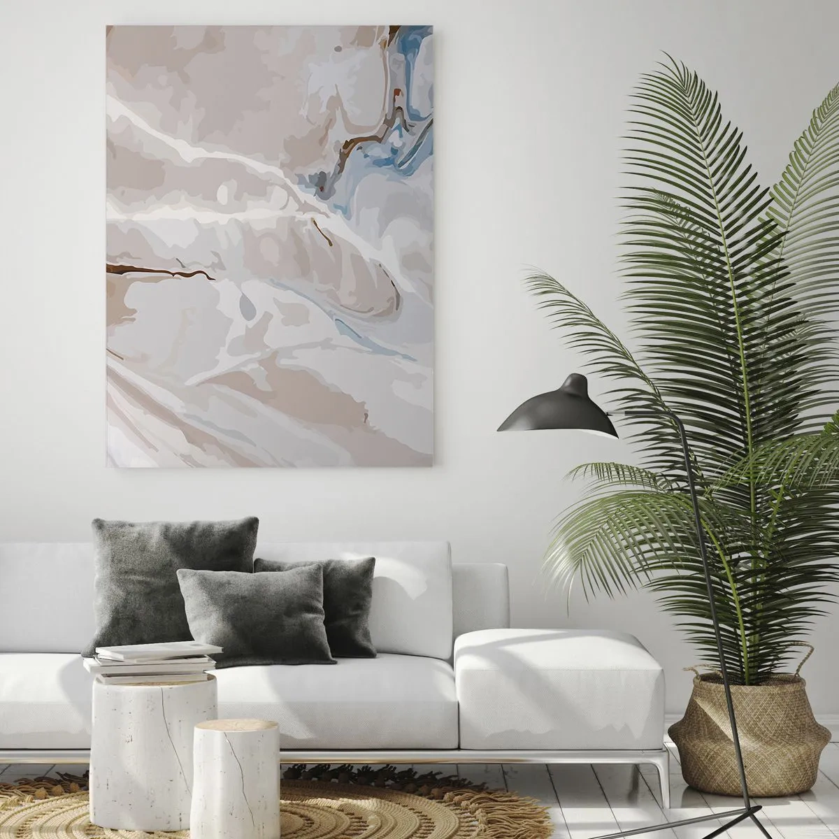 Glasbild - Bild auf glas - Abstraktes Muster in Weiß- und Blautönen - 70x100cm - Blau schlängelt sich unter dem Weiß - Moderne Wanddekoration für Wohnzimmer und Schlafzimmer ARTTOR