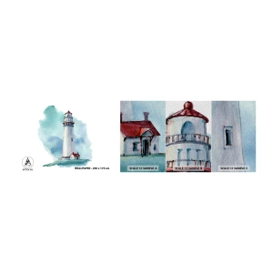 Fototapeten Muster Premium Sand - Sanfte Schwester vom Blau - Leuchtturm, Strand, Zeichnung - 100x30 cm