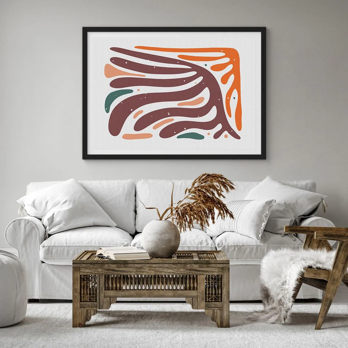 Poster in einem schwarzem Rahmen - Organisches Muster mit strahlenden Linien in warmen Farbtönen - 70x50cm - Strahlende organische Komposition - Moderne Wanddekoration für Wohnzimmer und Schlafzimmer ARTTOR