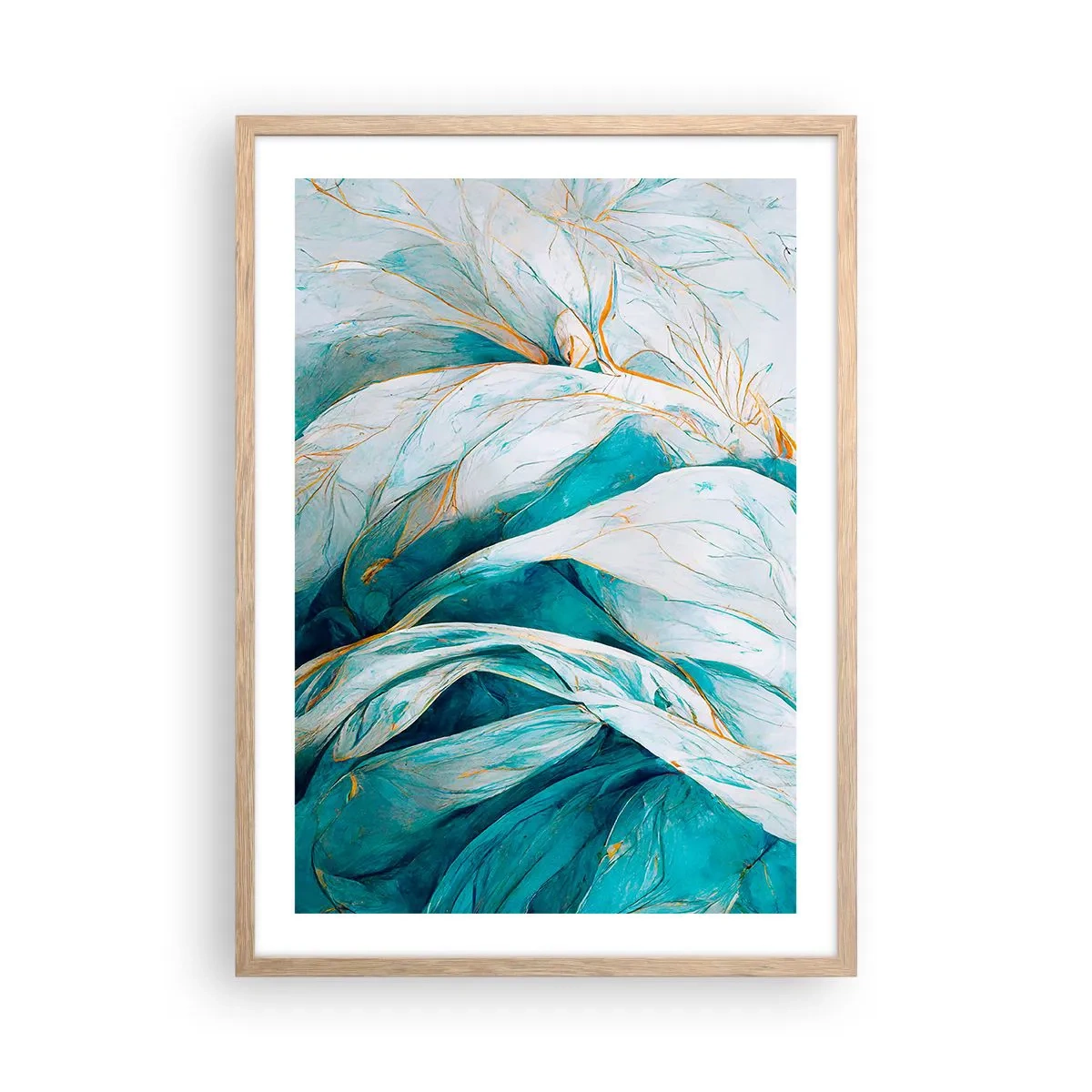 Poster in einem Rahmen aus heller Eiche - Blaue Abstraktion mit goldenem Motiv - 50x70 cm