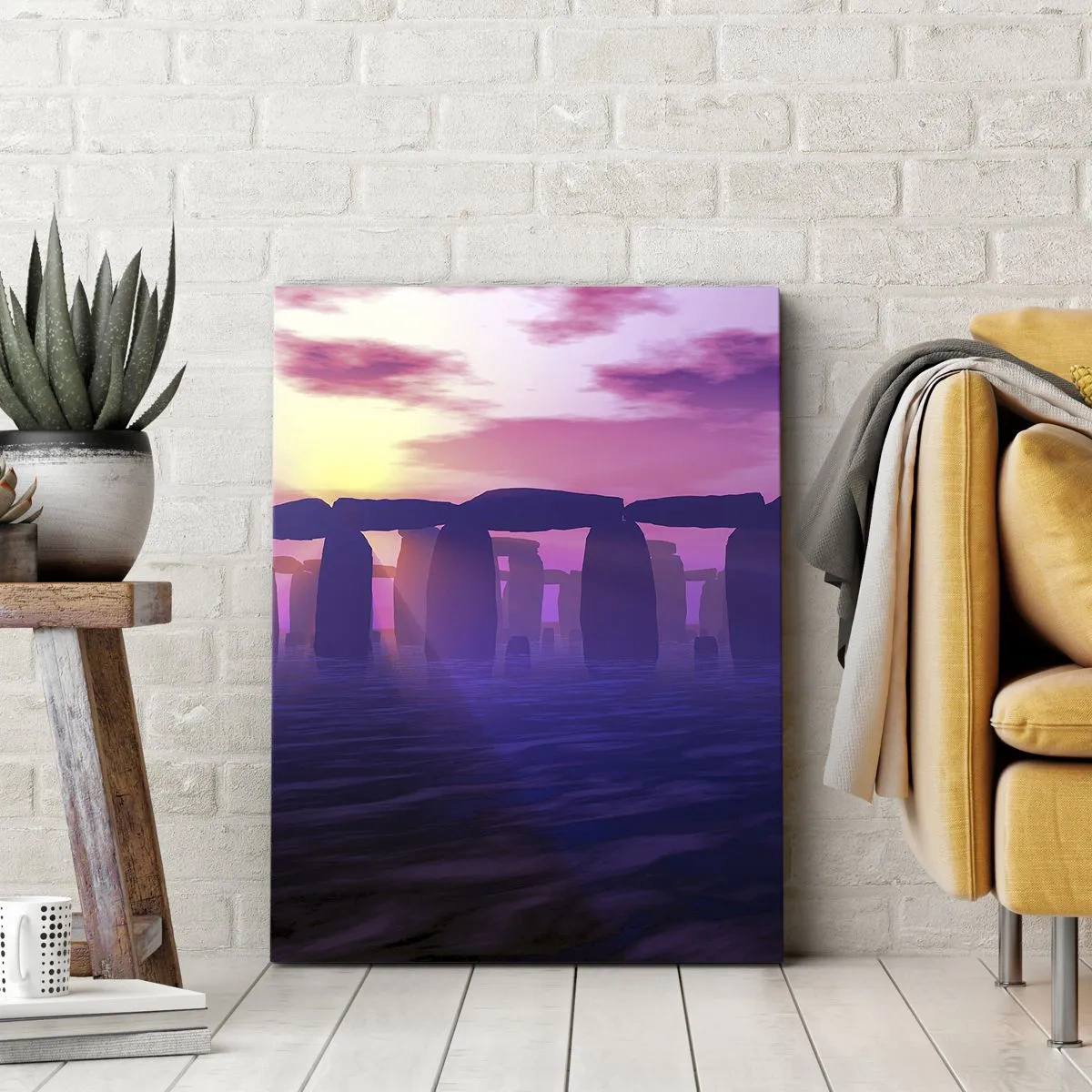 Bild auf Leinwand - Leinwandbild - Steinkreis bei Sonnenuntergang mit violettem Himmel - 70x100cm - Geheimnis im Morgengrauen im Nebel - Moderne Wanddekoration für Wohnzimmer und Schlafzimmer ARTTOR