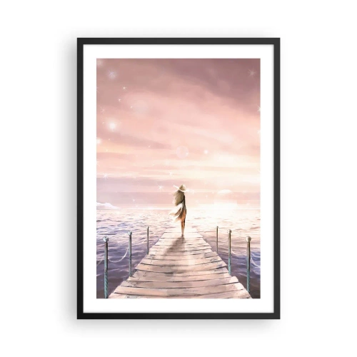 Poster in einem schwarzem Rahmen - Romantischer Sonnenuntergang am Pier mit einer Frau mit Hut - 50x70cm - Im Licht eines Traums - Moderne Wanddekoration für Wohnzimmer und Schlafzimmer ARTTOR