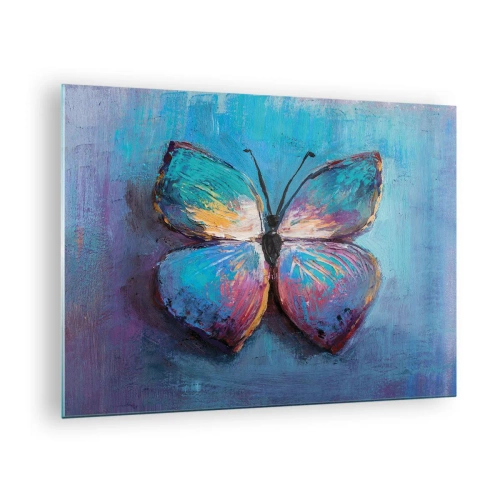Glasbild - Bild auf glas - Ein bunter Schmetterling vor einem Hintergrund aus abstrakten Farben in Blau- und Lilatönen. - 70x50cm - In all seiner Pracht - Moderne Wanddekoration für Wohnzimmer und Schlafzimmer ARTTOR