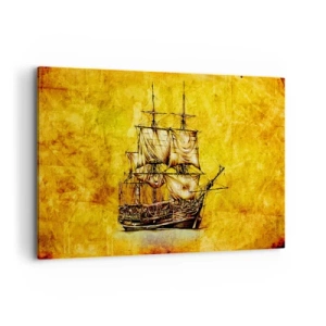 Bild auf Leinwand - Leinwandbild - Eine stilisierte Zeichnung eines Segelschiffs auf goldenem Hintergrund mit Vintage-Feeling. - 120x80cm - Richtung Tortuga! - Moderne Wanddekoration für Wohnzimmer und Schlafzimmer ARTTOR