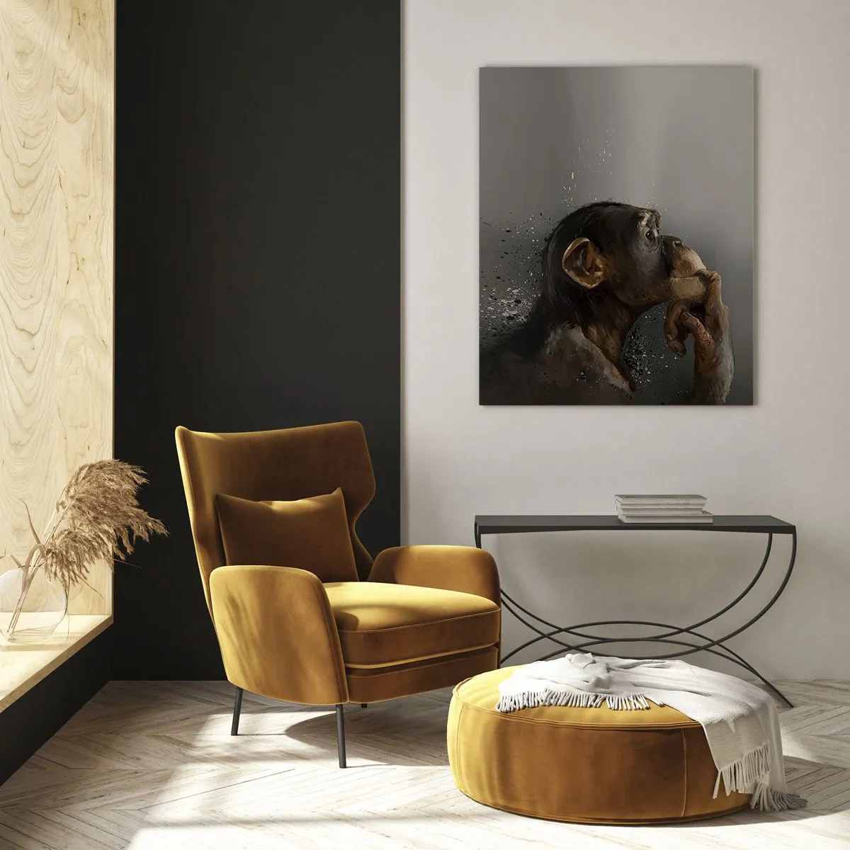 Glasbild - Bild auf glas - Ein nachdenklich dreinblickender Affe vor dunklem Hintergrund mit Splatter-Effekt - 50x70cm - Sicherlich ein Denker - Moderne Wanddekoration für Wohnzimmer und Schlafzimmer ARTTOR