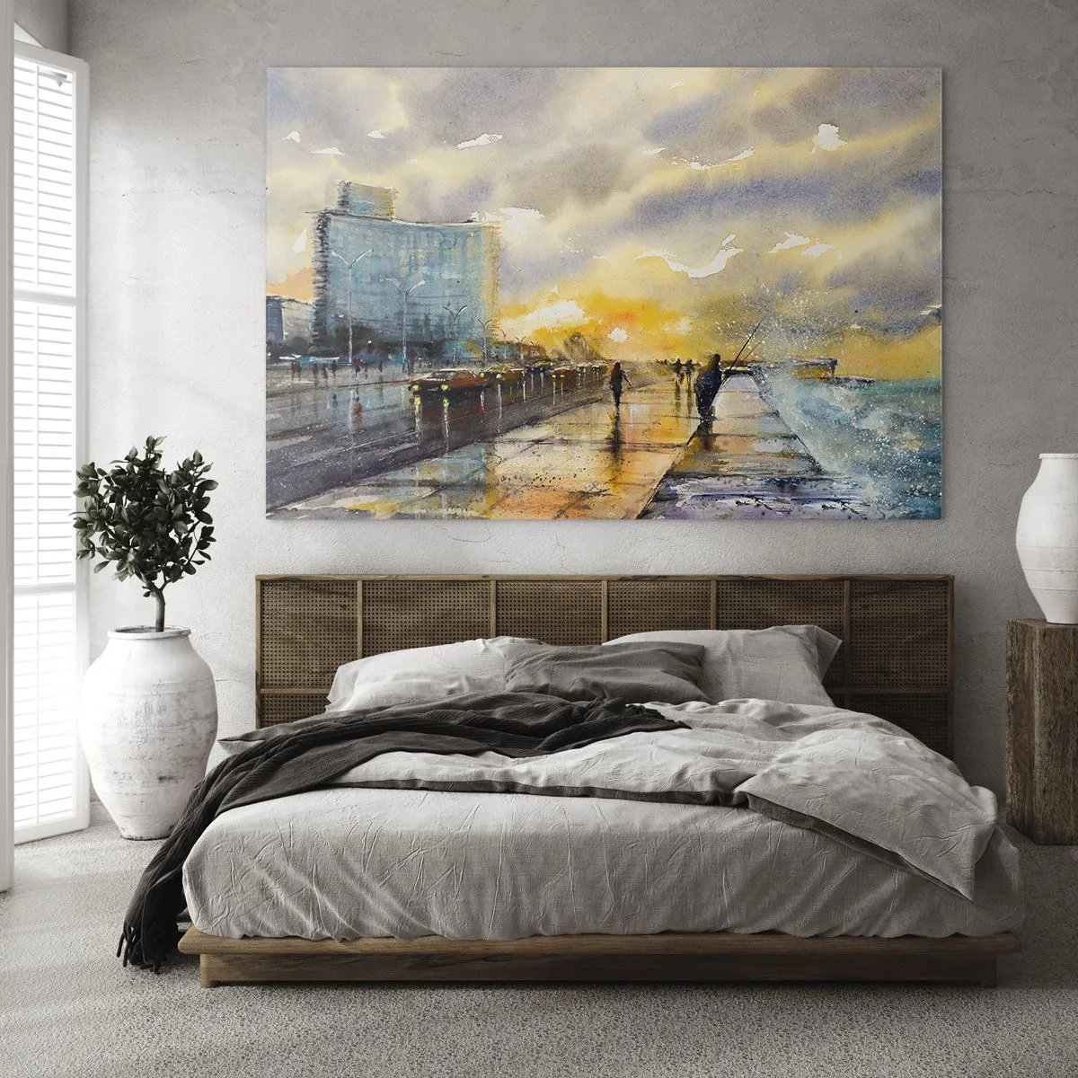 Glasbild - Bild auf glas - Aquarell Küstenstadt mit Sonnenuntergang - 70x50cm - Leben am Ufer - Moderne Wanddekoration für Wohnzimmer und Schlafzimmer ARTTOR