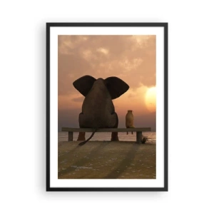 Poster in einem schwarzem Rahmen - Elefant und Hund auf einer Bank in der untergehenden Sonne - 50x70cm - Es tut gut zusammen zu schweigen - Moderne Wanddekoration für Wohnzimmer und Schlafzimmer ARTTOR