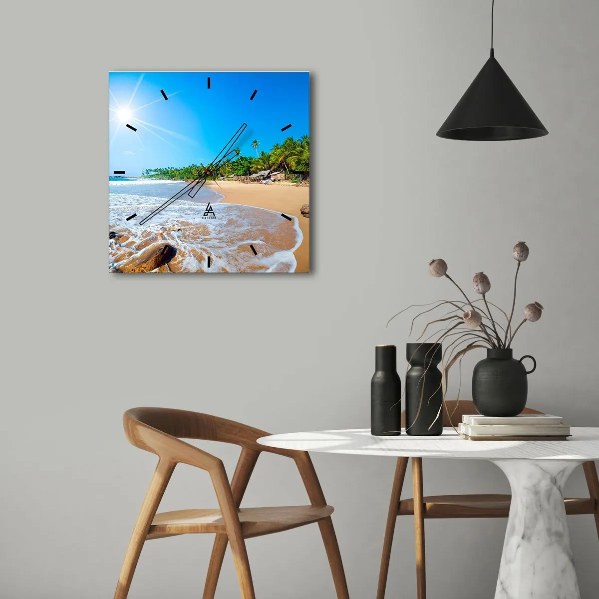 Wanduhr - Glasuhr - Tropischer Strand mit Palmen und blauem Himmel - 30x30cm - Ein exotischer Ort für dich - Moderne Wanddekoration für Wohnzimmer und Schlafzimmer ARTTOR
