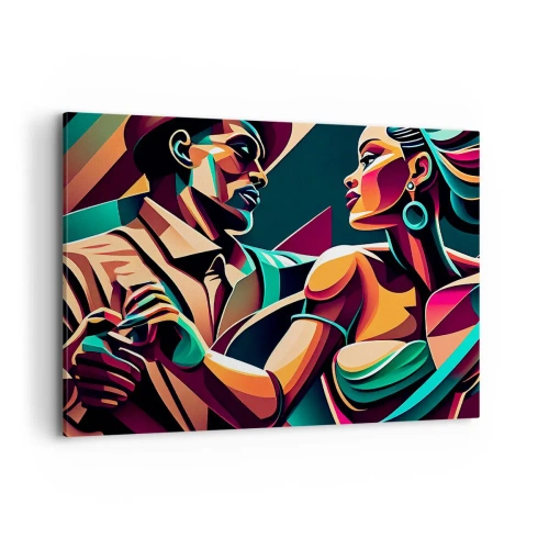 Bild auf Leinwand - Leinwandbild - Ein stilisiertes Paar, das in leuchtenden, geometrischen Farben tanzt. - 120x80cm - Im Rhythmus des Herzens - Moderne Wanddekoration für Wohnzimmer und Schlafzimmer ARTTOR