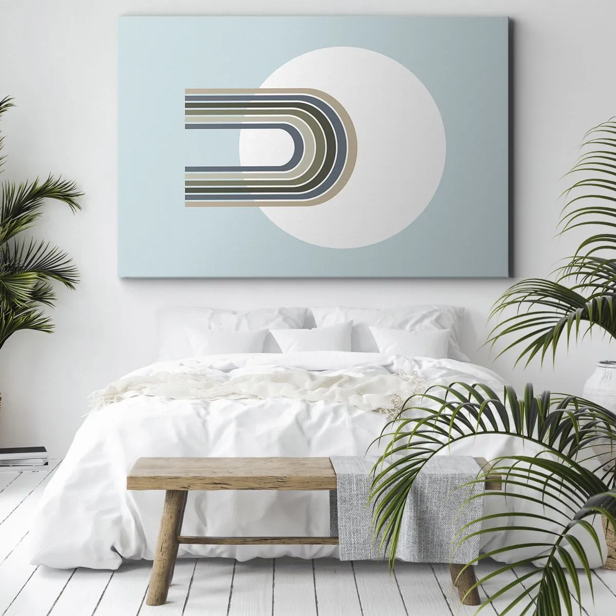 Bild auf Leinwand - Leinwandbild - Eine minimalistische Komposition mit einem Kreis und Linien auf pastellfarbenem Hintergrund. - 70x50cm - Unwiderstehliche Anziehungskraft - Moderne Wanddekoration für Wohnzimmer und Schlafzimmer ARTTOR