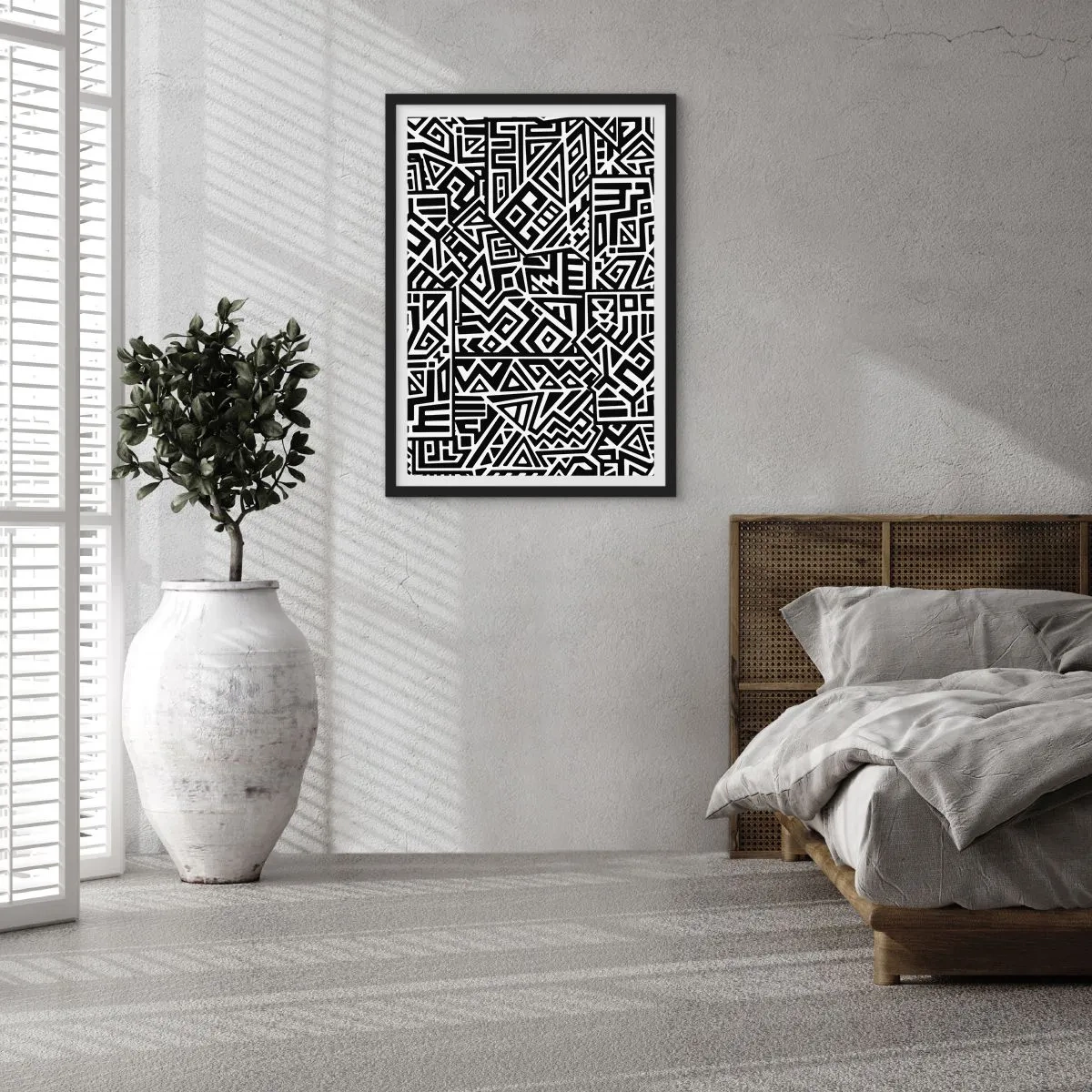 Poster in einem schwarzem Rahmen - Schwarz-weißes geometrisches Muster im künstlerischen Stil - 50x70cm - Präkolumbianische Komposition - Moderne Wanddekoration für Wohnzimmer und Schlafzimmer ARTTOR