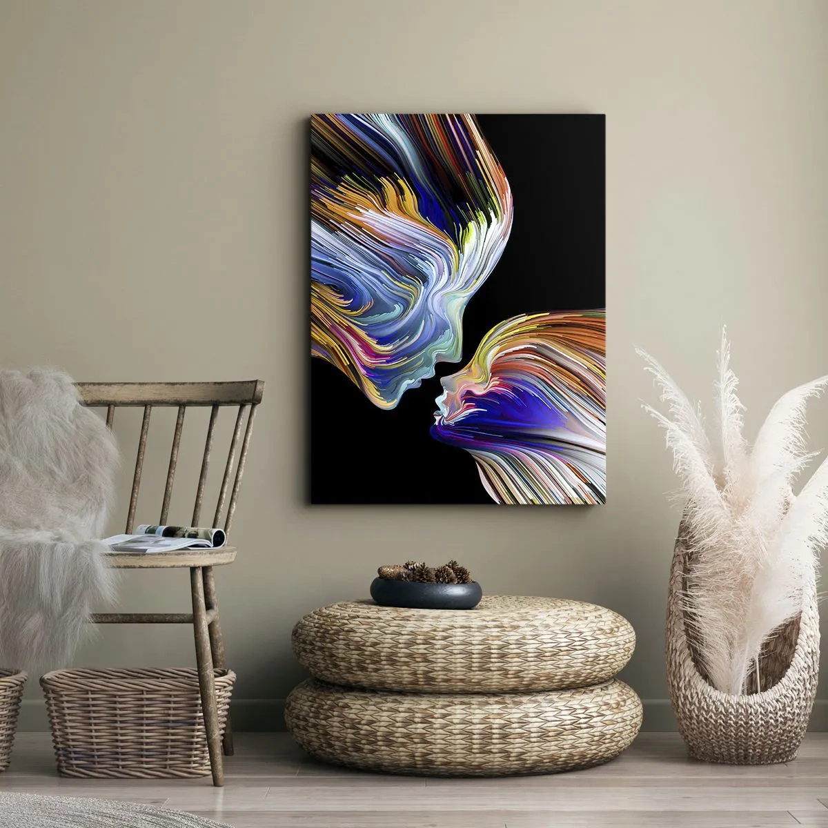 Bild auf Leinwand - Leinwandbild - Bunte Silhouetten von Gesichtern in dynamischen Strömen auf schwarzem Hintergrund - 50x70cm - Eine Verschmelzung von Energie und Licht - Moderne Wanddekoration für Wohnzimmer und Schlafzimmer ARTTOR