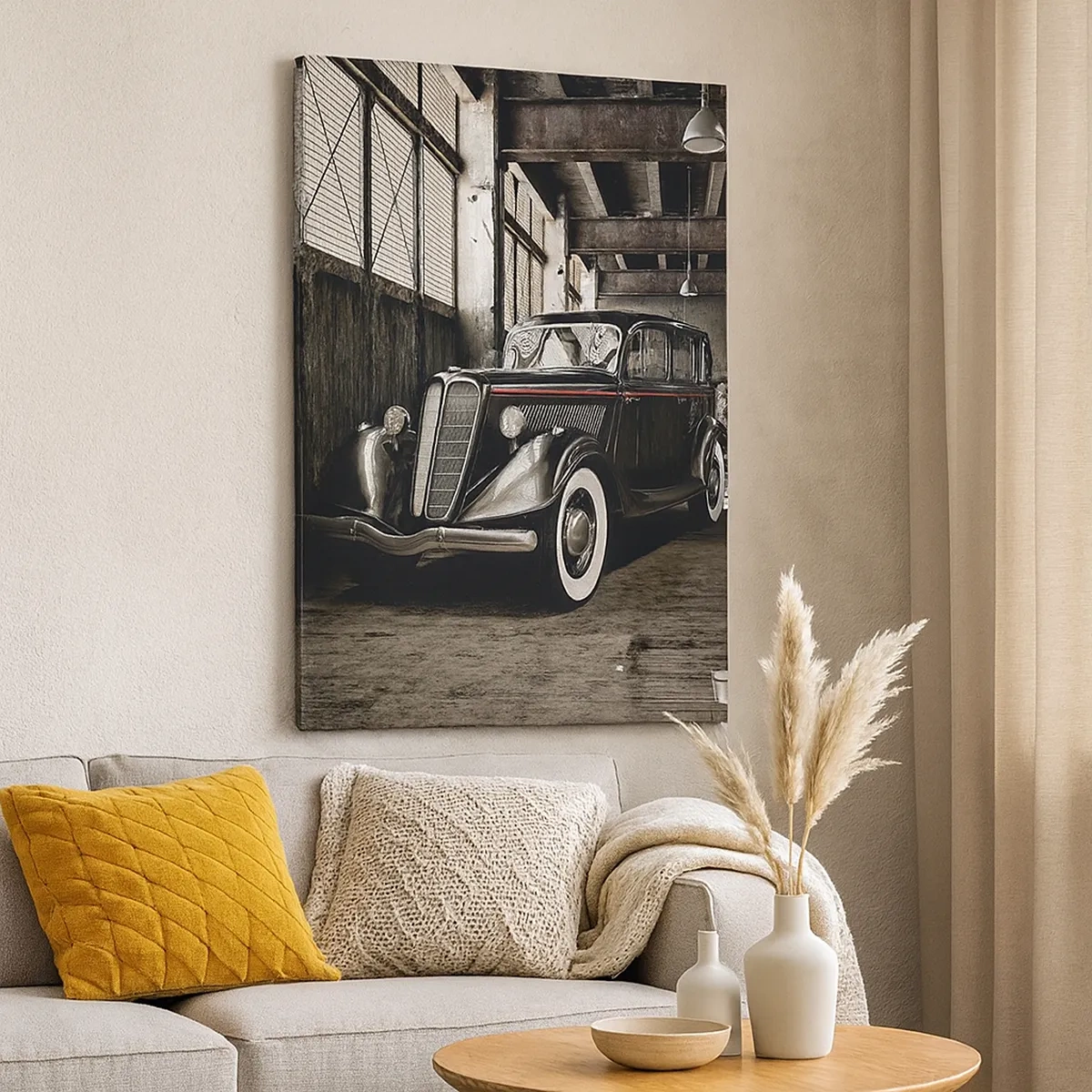 Bild auf Leinwand - Leinwandbild - Stilvolles Retro-Auto in einem Rohlager - 50x70cm - Die ewige Eleganz der 1930er Jahre - Moderne Wanddekoration für Wohnzimmer und Schlafzimmer ARTTOR