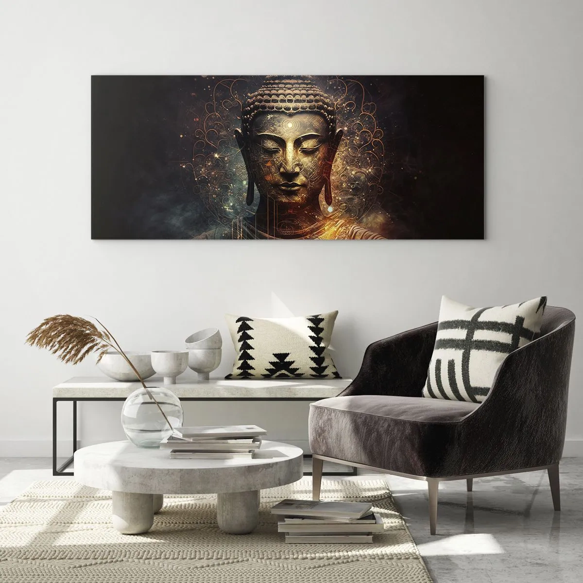 Glasbild - Bild auf glas - Goldener Buddha auf dunklem Hintergrund mit Ornamenten - 140x50cm - Spirituelles Gleichgewicht - Moderne Wanddekoration für Wohnzimmer und Schlafzimmer ARTTOR