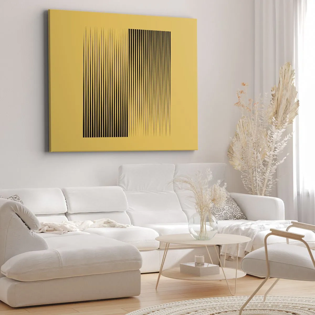 Bild auf Leinwand - Leinwandbild - Vertikale schwarze Linien auf gelbem Hintergrund - 120x80cm - Quadratur der Gegensätze - Moderne Wanddekoration für Wohnzimmer und Schlafzimmer ARTTOR