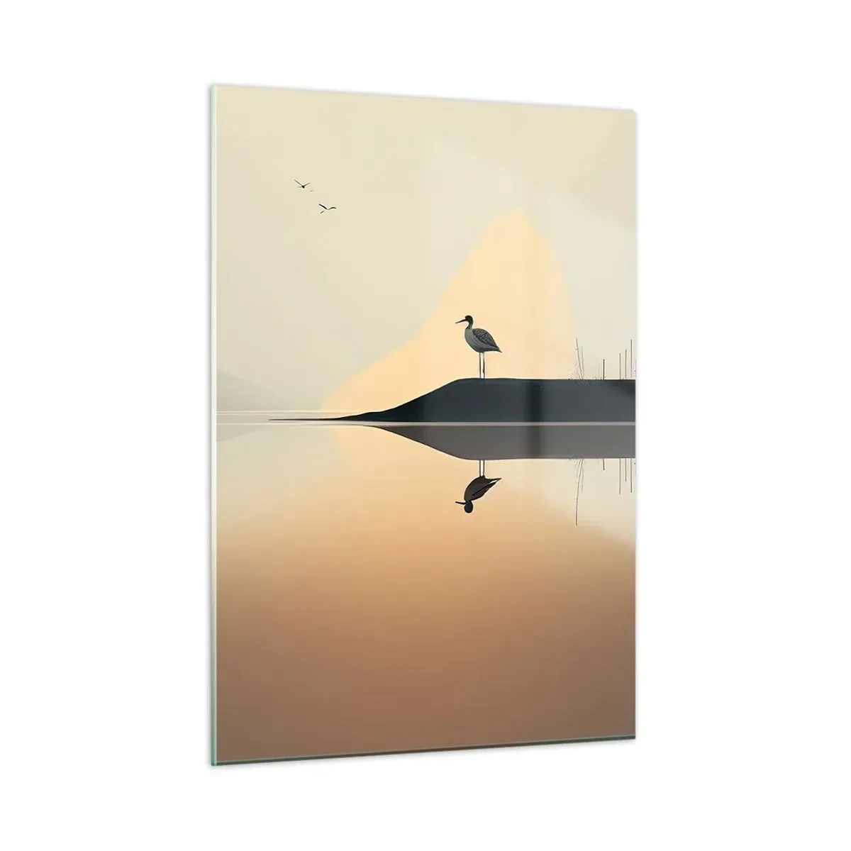 Glasbild - Bild auf glas - Ein Reiher steht auf einer Insel im ruhigen Wasser eines Sees - 50x70cm - Herr am See - Moderne Wanddekoration für Wohnzimmer und Schlafzimmer ARTTOR