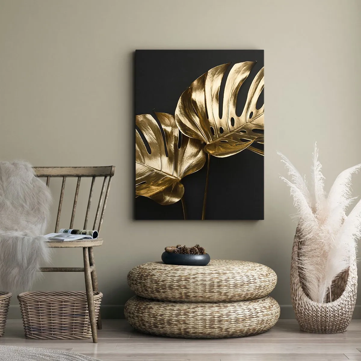 Bild auf Leinwand - Leinwandbild - Goldene Monstera-Blätter auf schwarzem Hintergrund - 80x120cm - Die Schätze der Natur - Moderne Wanddekoration für Wohnzimmer und Schlafzimmer ARTTOR