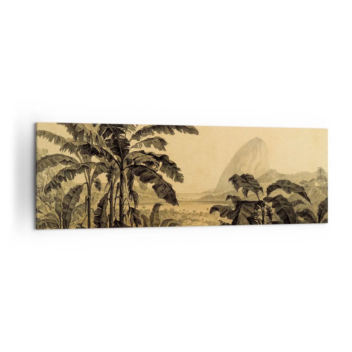 Bild auf Leinwand - Leinwandbild - Zeichnung von Bananenbäumen vor dem Hintergrund einer tropischen Landschaft - 160x50cm - in einem kolonialen Klima - Moderne Wanddekoration für Wohnzimmer und Schlafzimmer ARTTOR