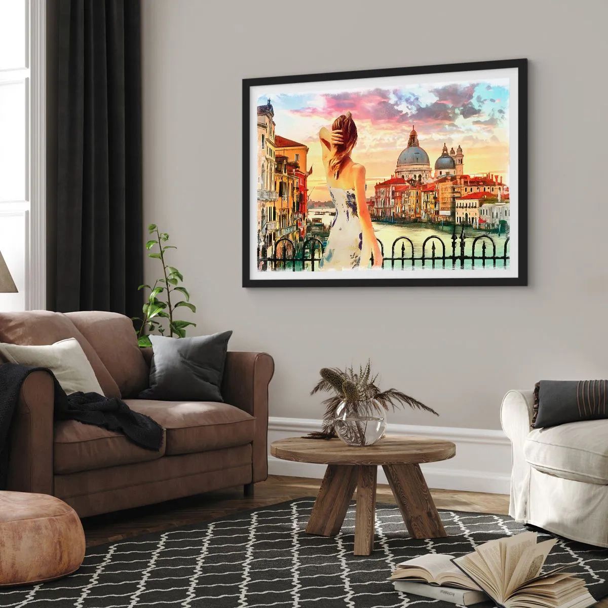 Poster in einem schwarzem Rahmen - Eine Frau bewundert die malerische Landschaft am Kanal - 70x50cm - Als Abenteuer nur in ... - Moderne Wanddekoration für Wohnzimmer und Schlafzimmer ARTTOR
