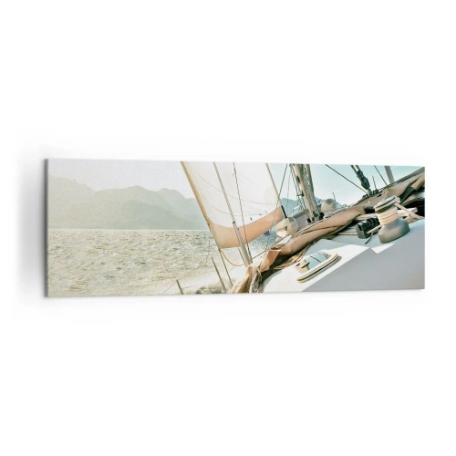 Bild auf Leinwand - Leinwandbild - Eine Yacht auf offener See mit Blick auf die Berge - 160x50cm - Unter vollen Segeln - Moderne Wanddekoration für Wohnzimmer und Schlafzimmer ARTTOR