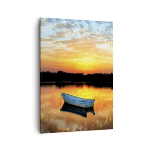 Bild auf Leinwand - Leinwandbild - Ein Boot auf einem ruhigen See bei Sonnenuntergang - 50x70cm - Schauen, hören, meditieren - Moderne Wanddekoration für Wohnzimmer und Schlafzimmer ARTTOR