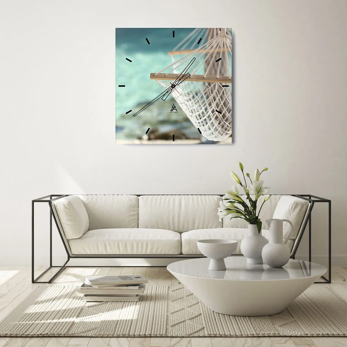 Wanduhr - Glasuhr - Eine Hängematte mit Blick auf das türkisfarbene Wasser - 30x30cm - Zeit zum Entspannen - Moderne Wanddekoration für Wohnzimmer und Schlafzimmer ARTTOR
