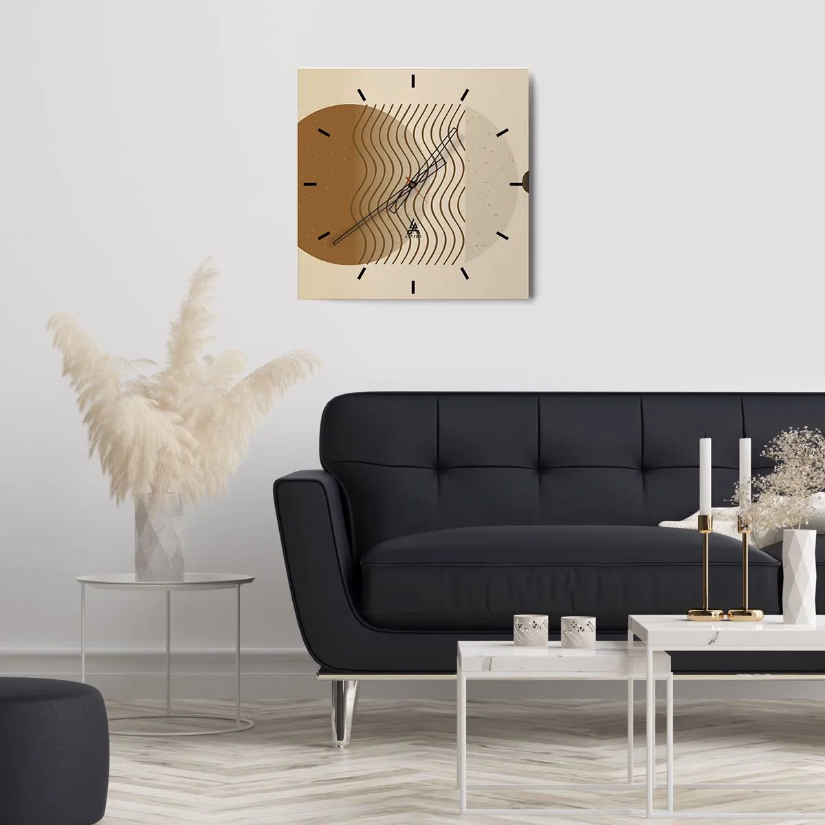 Wanduhr - Glasuhr - Geometrische Abstraktion mit Kreisen und Wellenlinien in warmen Farben. - 30x30cm - Zur Entstehung geometrischer Figuren - Moderne Wanddekoration für Wohnzimmer und Schlafzimmer ARTTOR