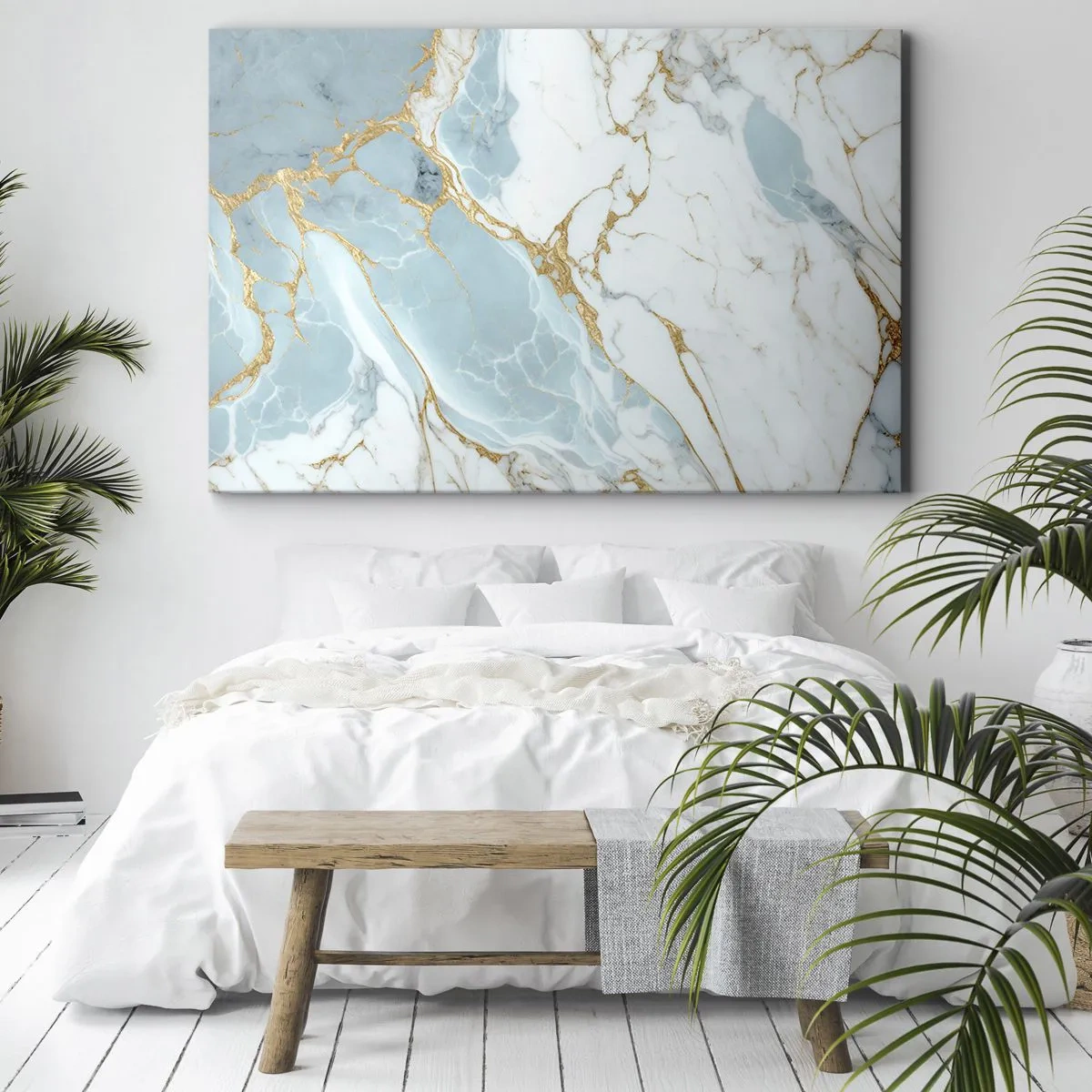 Bild auf Leinwand - Leinwandbild - Blaue und weiße Marmormuster mit zusätzlichen goldenen Adern - 70x50cm - Reichtum des Steins - Moderne Wanddekoration für Wohnzimmer und Schlafzimmer ARTTOR