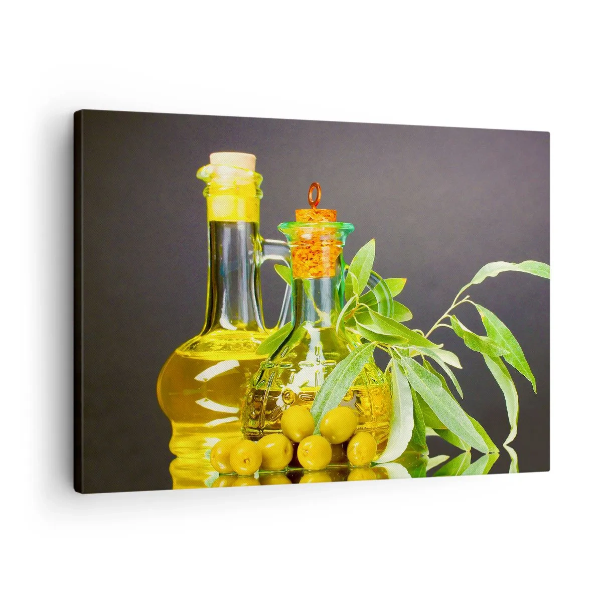Bild auf Leinwand - Leinwandbild - Flaschen mit Olivenöl und Olivenbaumzweigen - 70x50cm - Stillleben mit Oliven und Olivenöl - Moderne Wanddekoration für Wohnzimmer und Schlafzimmer ARTTOR