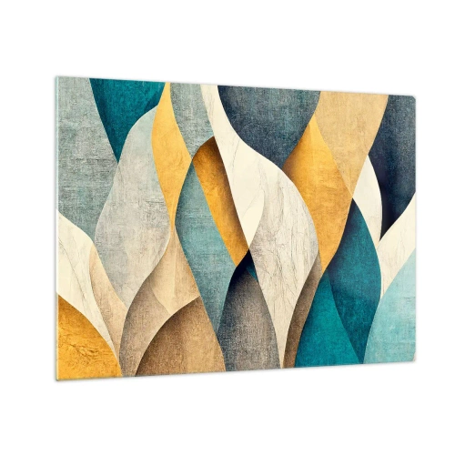 Glasbild - Bild auf glas - Abstrakte Formen in Gelb- und Blautönen - 70x50cm - Rhythmus und Welle - Moderne Wanddekoration für Wohnzimmer und Schlafzimmer ARTTOR