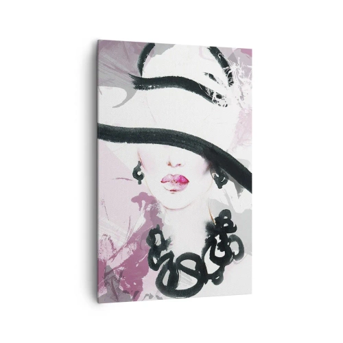 Bild auf Leinwand - Leinwandbild - Eine elegante Frau mit Hut vor einem Hintergrund aus rosa Abstraktionen. - 80x120cm - Bildnis einer Dame in Schwarz und Pink - Moderne Wanddekoration für Wohnzimmer und Schlafzimmer ARTTOR